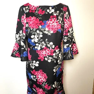 Nine West Damenkleid Größe 12 schwarz pink Blumenmuster Karriere Etui Scuba Rüschen neu mit Etikett - Bild 1 von 16