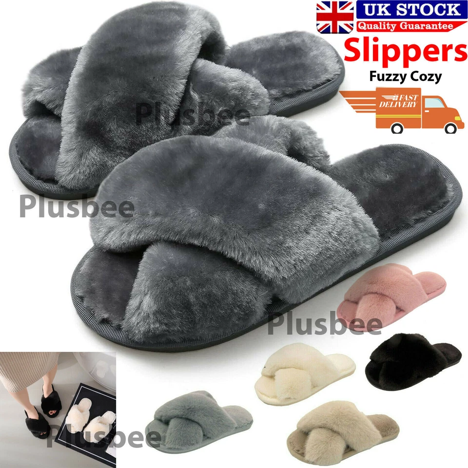 Womens Slippers Ladies Fluffy Furry Cross Over Open Toe Warm Winter Mules Slider