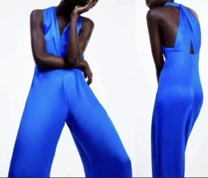 LAST NWT ZARA BLUE FLOWING SATIN EFFECT JUMPSUIT 9878/155 - Picture 1 of 10