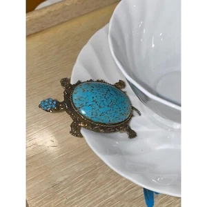 Turtle Brooch Faux Turquoise Cabochon Vintage Style Pin Silver Tone Southwestern - Picture 1 of 8