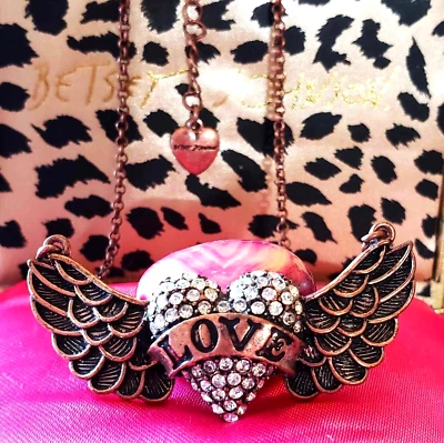 Betsey Johnson Vintage Lady Luck Love Heart Angel Wings Pave Crystal Necklace - Image 1 of 4
