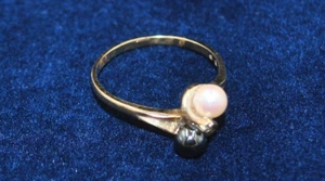 14k Yellow Gold Estate Black & White Pearl Ring w/Diamond Size 9.5 - Picture 1 of 5