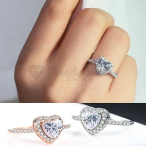 Ladies Fit Sizes 5-9 Rose Gold Silver Heart Shaped Stone Engagement Wedding Ring - Picture 1 of 36