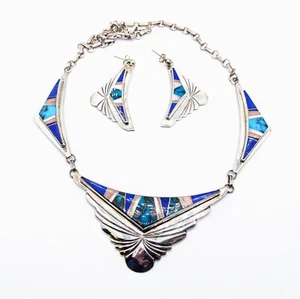 Vintage Navajo Tom Taylor Sterling Necklace and Earring Set Turquoise Lapis - Picture 1 of 5