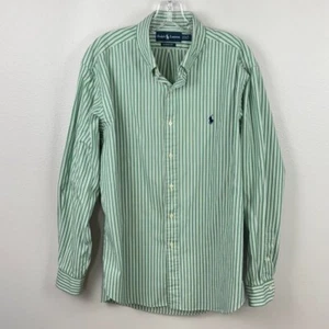 Ralph Lauren Button Down Shirt Mens 16.5 34-35 Green Striped Classic Fit Pony - Picture 1 of 10