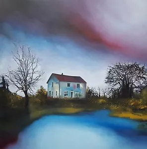 NUEVO ISABELLE AMANTE ORIGINAL "Homesick" casa surrealista lago río PINTURA - Imagen 1 de 2