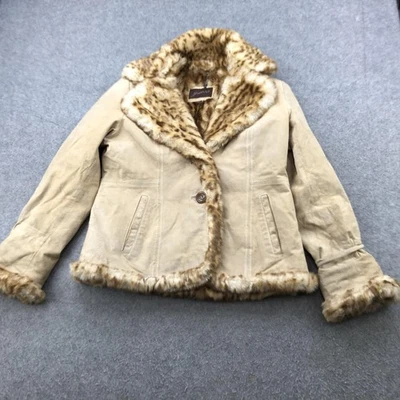 Guess Jacket Womens Large Tan Faux Suede Leopard Faux Fur Trim Lined Button - Изображение 1 из 4