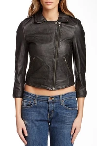 WOMENS NEW REAL FOR ALL SIZE Crop Leather Biker Jacket Skinny Black - Picture 1 of 8