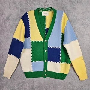 Cárdigan Yitai Patchwork M Azul Mezcla de Lana Tejido Suéter Bolsillos Abuelo Hip Hop - Imagen 1 de 22