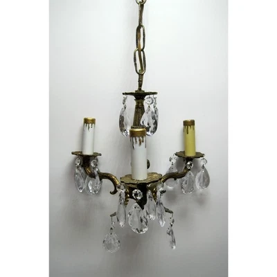 Lámpara de araña antigua pequeña de latón cristal Hollywood Regency 3 Foto 1 de 4