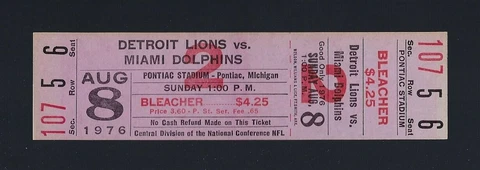 1976 NFL MIAMI DOLPHINS @ DETROIT LIONS FULL unused FOOTBALL TICKET Cover