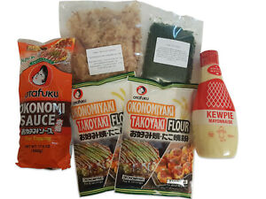 Okonomiyaki Zutaten Set Sauce, japanische Mayonnaise, Mehl, Katsuobushi, Aonori