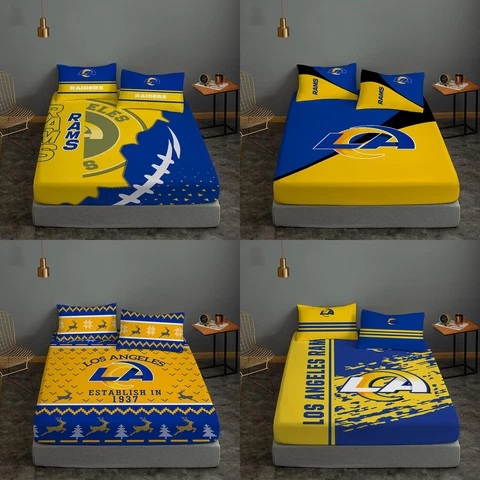 Los Angeles Rams Fitted Sheet Pillowcases 3Pcs Deep Pocket Bed Sheet Set Gift Cover