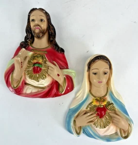 Seltene Jungfrau Maria & Herz Jesu Vintage Kreidegeschirr Wandtafeln 2er Set - Bild 1 von 12