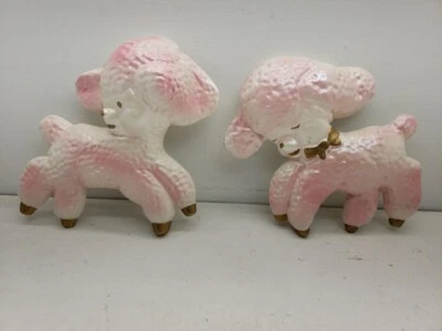 Vintage Chalkware Pink Lamb Wall Plaques Set Of 2 - Image 1 of 4