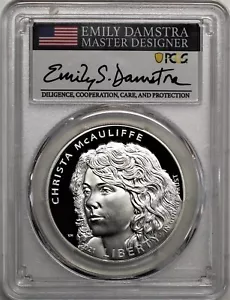 2021 P $1 Proof Silver Christa McAuliffe PCGS PR70 DCAM FDOI Damstra Signature - Picture 1 of 2