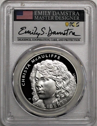 2021 P $1 Proof Silver Christa McAuliffe PCGS PR70 DCAM FDOI Damstra Signature Cover