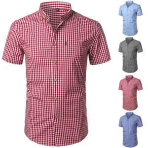 Men's Short Sleeve Plaid Shirt - Striped Checked Cotton Summer Office Top - Picture 1 of 12