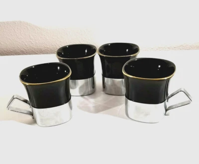 Набор из 4 турецких черных керамических кофейных чашек эспрессо с металлическими держателями - Япония - Изображение 1 из 4