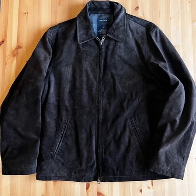 Chaqueta Nautica Cuero Gamuza Genuino Marrón Para Hombre Forro Mezcla Lana Mediana Foto 1 de 4