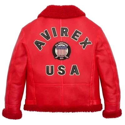 Men’s Avirex Red USA Shearling Rider Jacket Genuine Sheepskin Leather Fur Jacket - Image 1 of 4