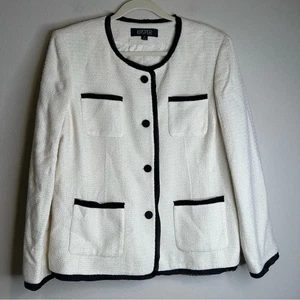 Kasper Cream White with Black Trim Tweed Jacket Blazer Women Old Money Size 16 - Picture 1 of 9