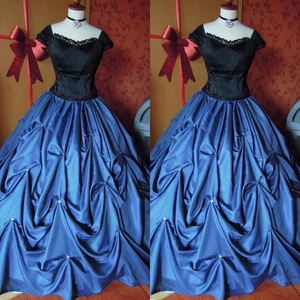 Victorian Satin Wedding Dresses Cap Sleeve Ruffles Black and Blue Bridal Gowns - Picture 1 of 9