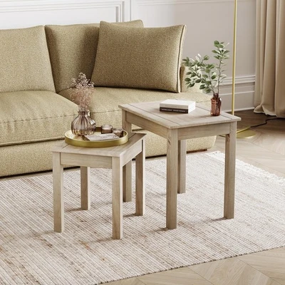 Modern Nesting Coffee Side Tables Pine Wood Living Room Furniture Beige New - Image 1 of 4