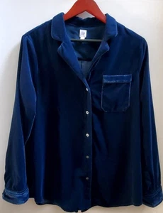 GAP Velvet Velour Button Down Shirt Prussian Blue L Front Pocket Notch Collared - Picture 1 of 10