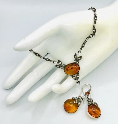 JUEGO DE COLLAR Y PENDIENTES COLGANTES DE PLATA ESTERLINA LAVALIERE CRISTAL MARCASITA DE COLECCIÓN Foto 1 de 4