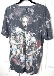Men’s ASOS Jesus Cherubs Tee T-shirt All Over Print Design Gray Pink Purple Sz L - Picture 1 of 6