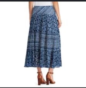Chaps Skirt Women’s Indigo Blue White Tiered 100% Cotton Lined  Skirt M Peasant - Picture 1 of 6