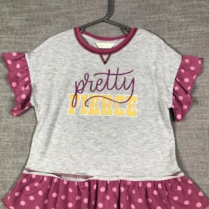 Matilda Jane Top Girls 6 Gray Pink Polka Dot Casual Short Sleeve Spring Shirt - Picture 1 of 8