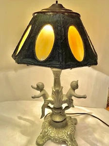 Antique 8 Panel Slag Stained Glass Table Lamp Male & Female Cherubs - AS IS - Picture 1 of 10