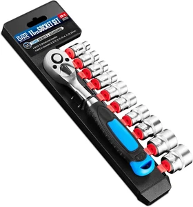 11PCS 3/8" Drive Metric Socket Wrench Set, 90-Tooth Reversible Ratchet Handle - Picture 1 of 12