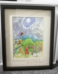 Original Art Cartoon By Jean Creswell Sat Nav Grandad Moon 14" x 12" Framed - Picture 1 of 14