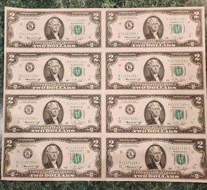 $2 Two Dollar Bills Uncut Currency Sheet - 8 Notes 1976 *Star Notes Dallas Mint - Picture 1 of 5
