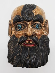 Man Mexican Mask Head Hand Carved Figure Curly Beard Blue Eyes Folk Art Vintage - Picture 1 of 16