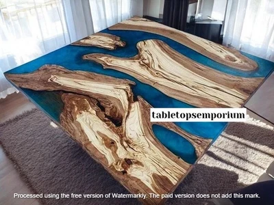 Blue Epoxy Resin River Dining Table Handcrafted Modern Acacia Wood Furniture Dec - Image 1 of 4