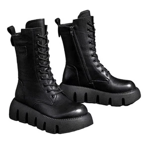 Women’s Black Calf Boots UK 7 Chunky Sole Lace-Up Zip Combat Style New - Picture 1 of 9