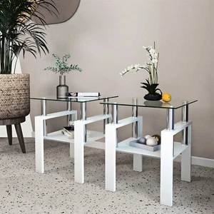 Modern 2-Tier Coffee Table Tempered Glass Tea Table Square Table End Table - Picture 1 of 63