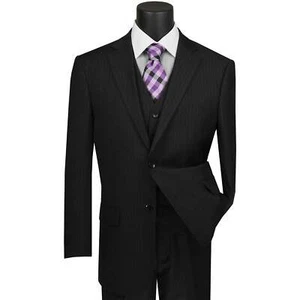 VINCI Men's Black Pinstripe 3-Piece 2-Button Classic-Fit Suit - NEW - Picture 1 of 3