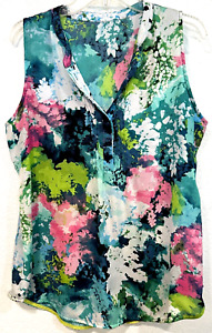 Liz Claiborne Sleeveless Tunic Top 1/4 Button Up Semi Sheer Multicolor  Sz Large