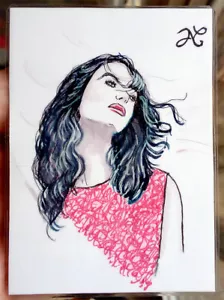Glitzernde ORIGINALZEICHNUNG ACEO Skizzenkarte Frau rote Lippen schwarz weiß nachdenklich - Bild 1 von 2