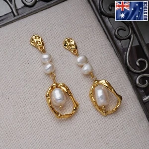 18K Gold GP 925 Silver Stem Natural Baroque Pearl Drop Dangle Stud Earrings NEW - Picture 1 of 7