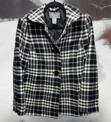 Ann Taylor Petites Black White Plaid Wood Pea Coat Women’s Size 4P - Image 1 of 4