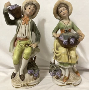 Figurines Lot of 2 Italy Wine Harvest Man and Woman 7" Vintage Porcelain Homco - Picture 1 of 12