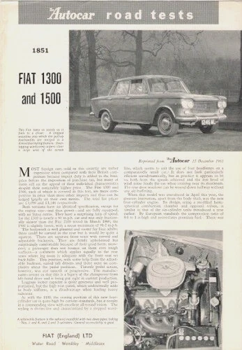Fiat 1300 & 1500 Saloons Road Test 1961-63 UK Market Foldout Brochure Autocar - Image 1 of 1