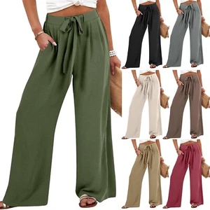 Womens Wide Leg Palazzo Pants High Waisted Adjustable Tie Knot Flowy Trousers - Picture 1 of 33