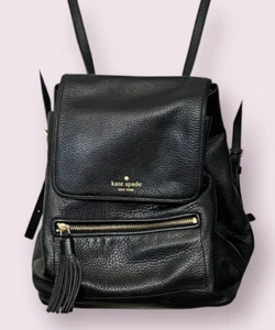 Kate Spade Schwarz Leder Rucksack Tessel Reißverschlusstasche Kordelzug Klappentasche - Bild 1 von 9